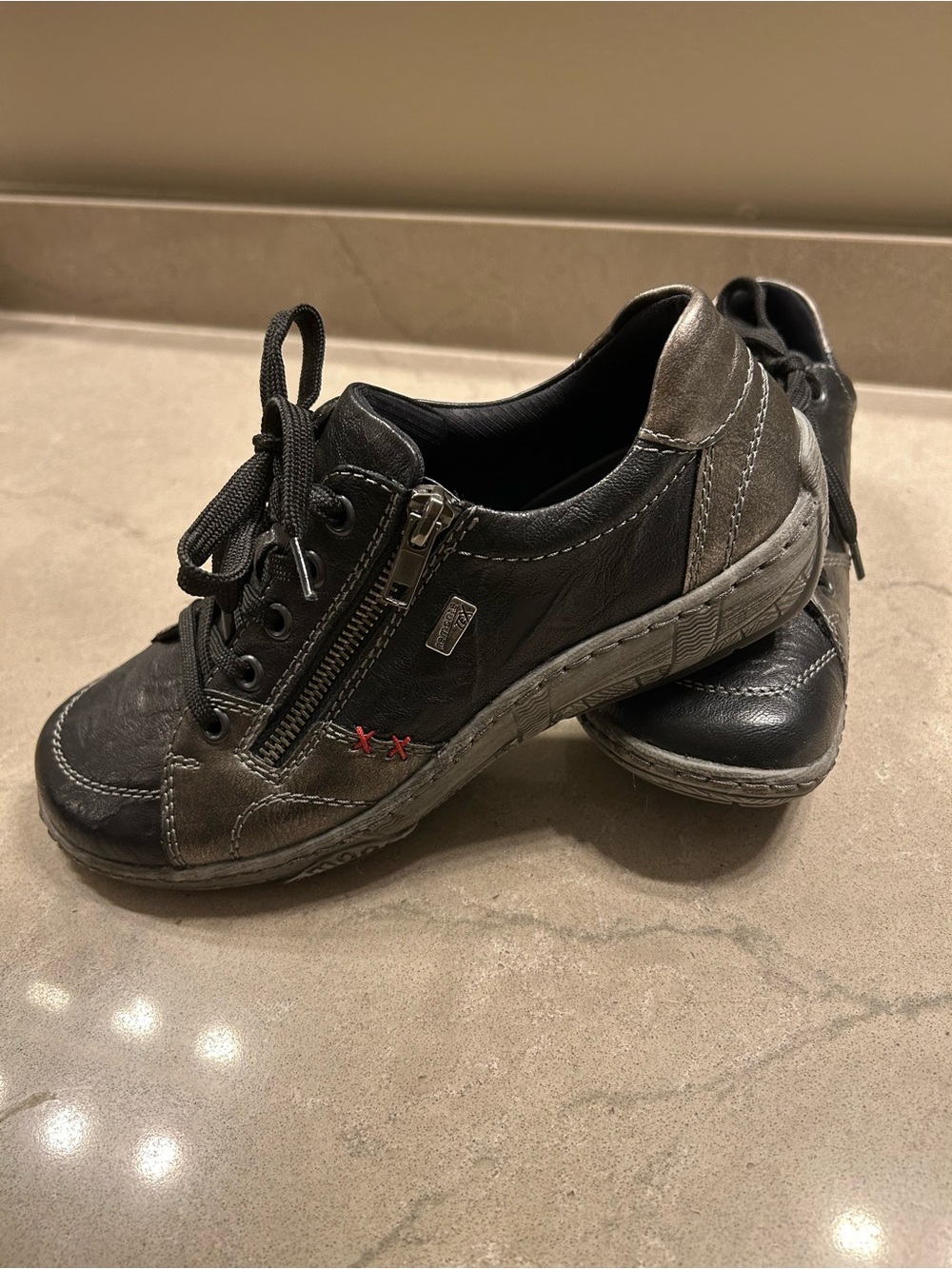 Rieker Black and Gray Casual Lace-Up Sneakers with Side Zip